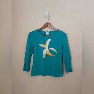 Chloe Banana Print Long Sleeve Tee Shirt Vtg Turquoise Large